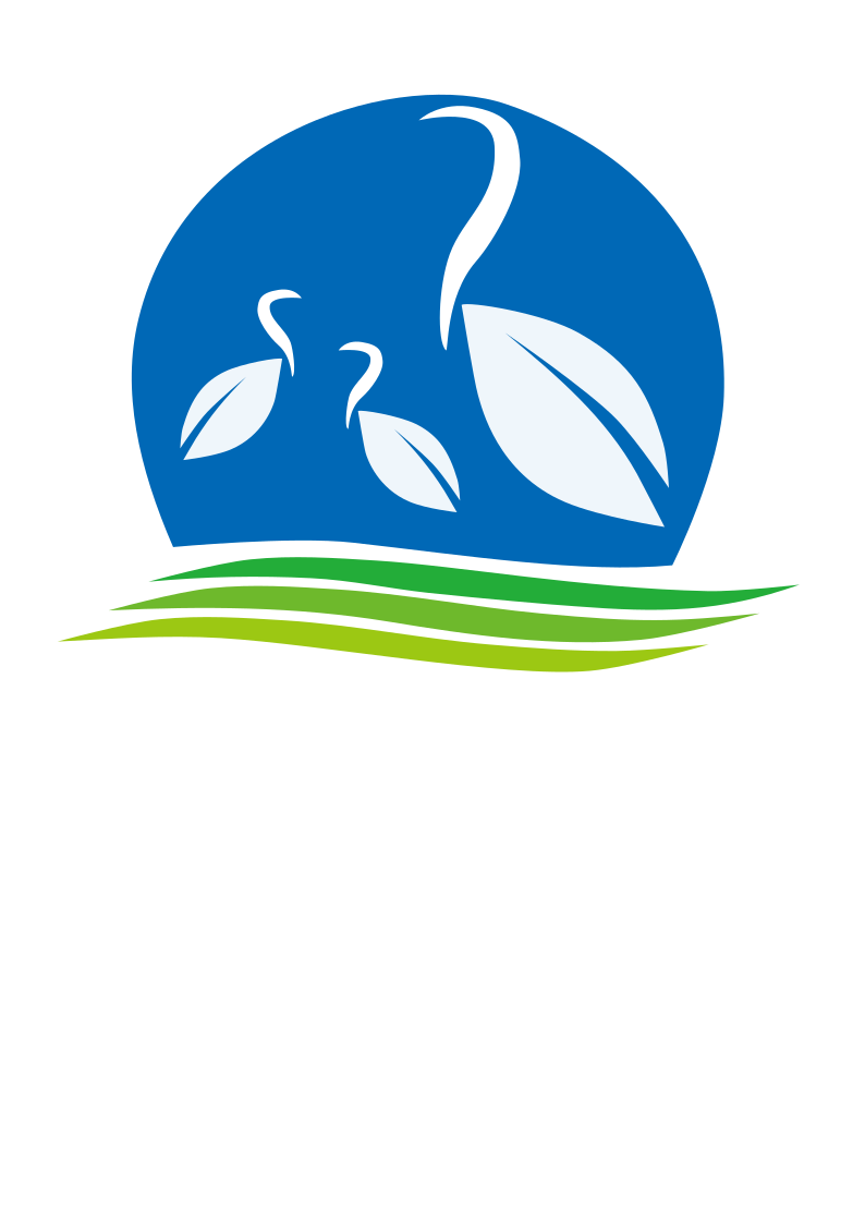 鷺江國小校徽：藍色半圓背景代表藍天，白色曲線代表白鷺鷥與幼苗，下方綠色波浪代表流水