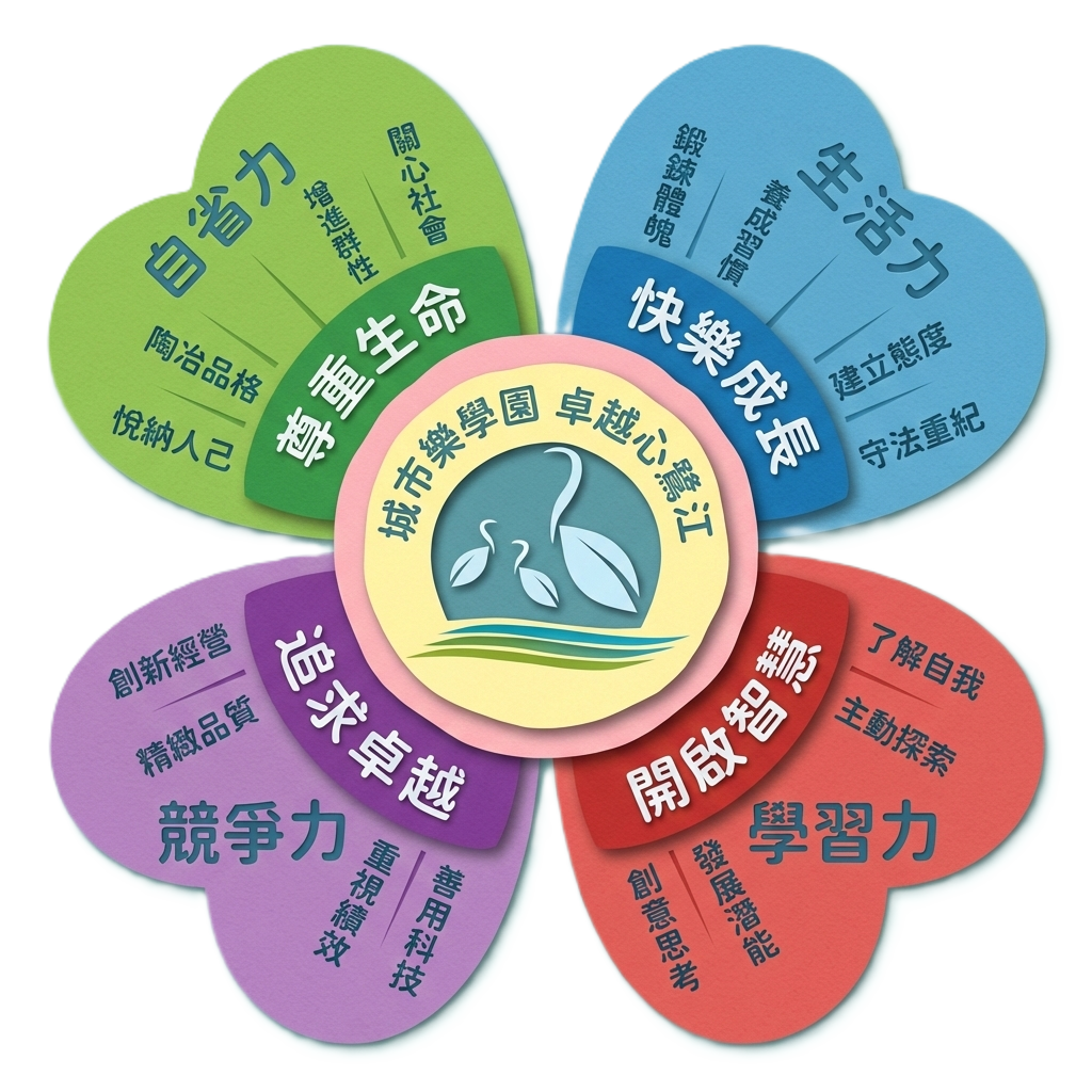 學校發展目標與核心素養花朵圖：綠色花瓣為自省力與尊重生命；藍色花瓣為生活力與快樂成長；紅色花瓣為學習力與開啟智慧；紫色花瓣為競爭力與追求卓越。