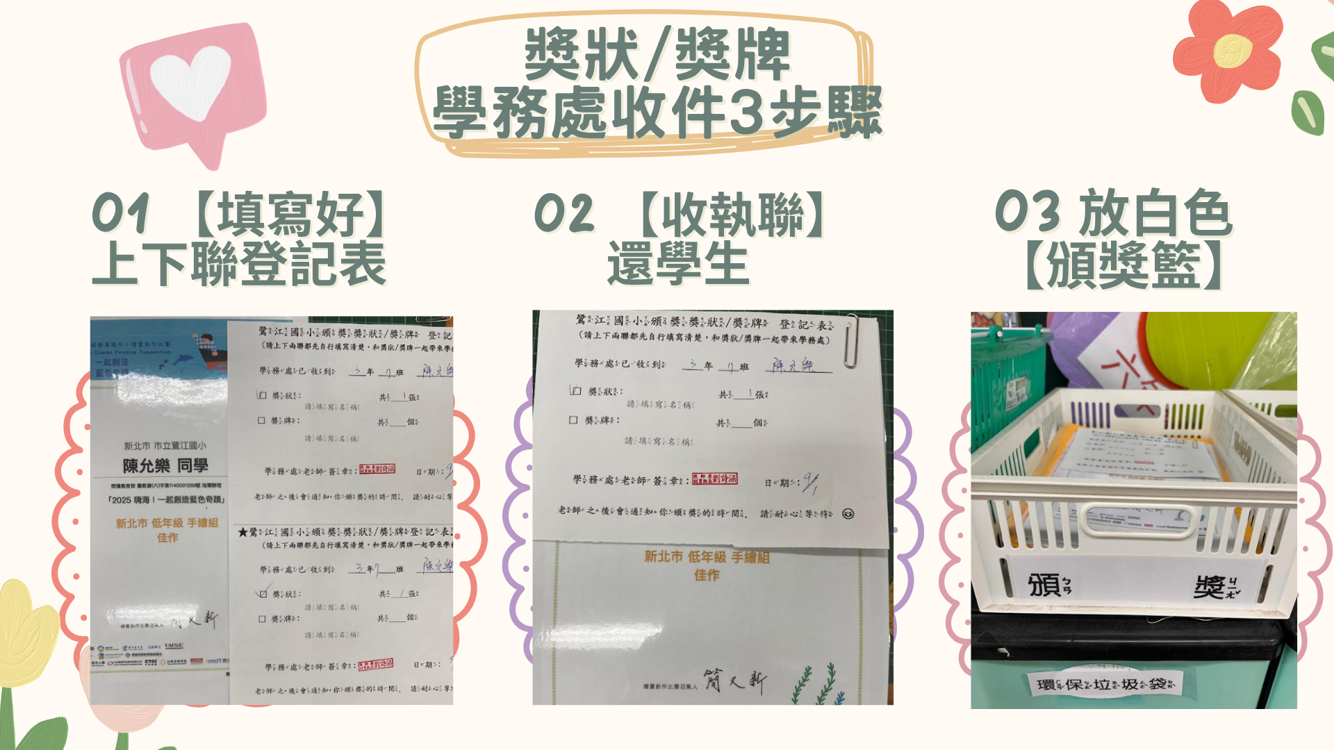 實景照片：學務處收件3步驟，依序為核對已填寫完整的上下聯登記表、撕下收執聯歸還學生、將獎狀獎牌放入白色頒獎籃。